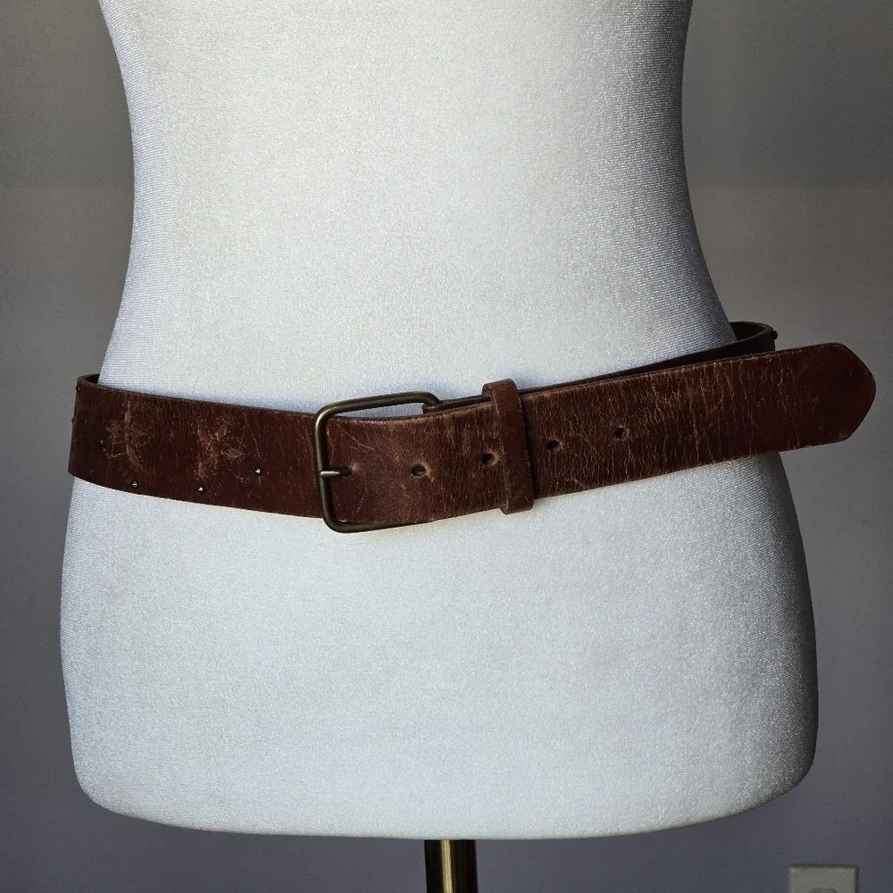 Vintage Western Boho Brown Butterfly Cut-Out Leather Studded Belt Brass Buckle